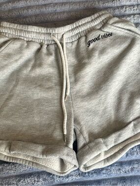 No Boundaries Cream Drawstring Athletic Shorts with Good Vibes Embroidery